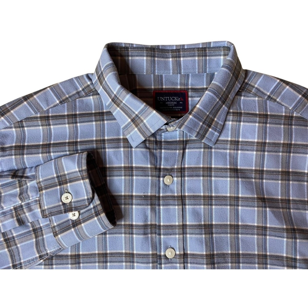 UNTUCKit Mens Medium Slim Fit Blue Gray Plaid Button Down Dress Shirt
